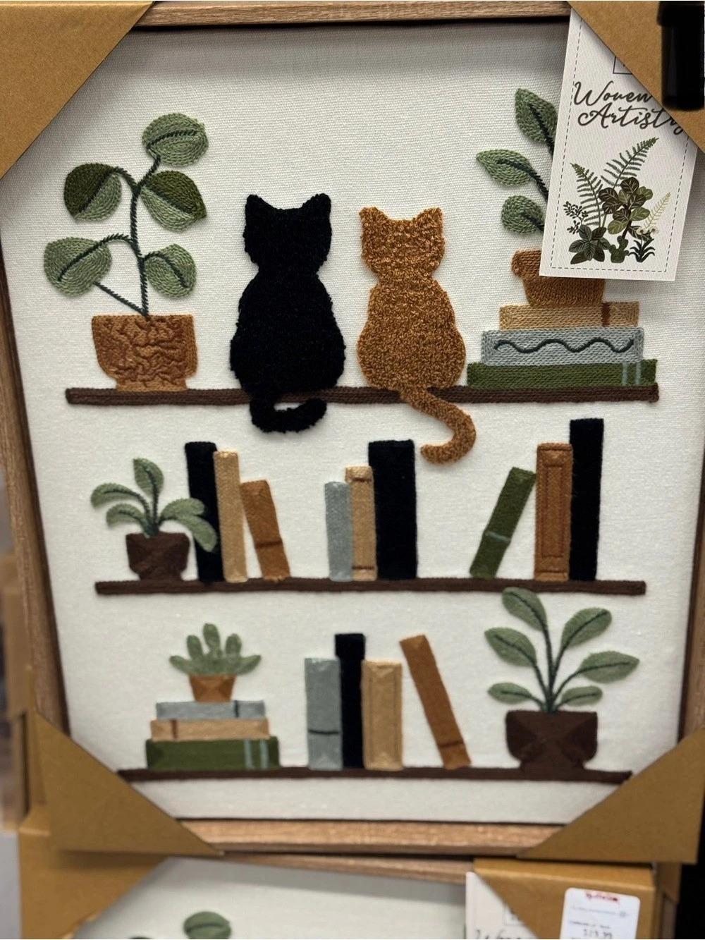 BP Home Embroidery Art: Two Cats on Bookshelf with Plants 15”x12”